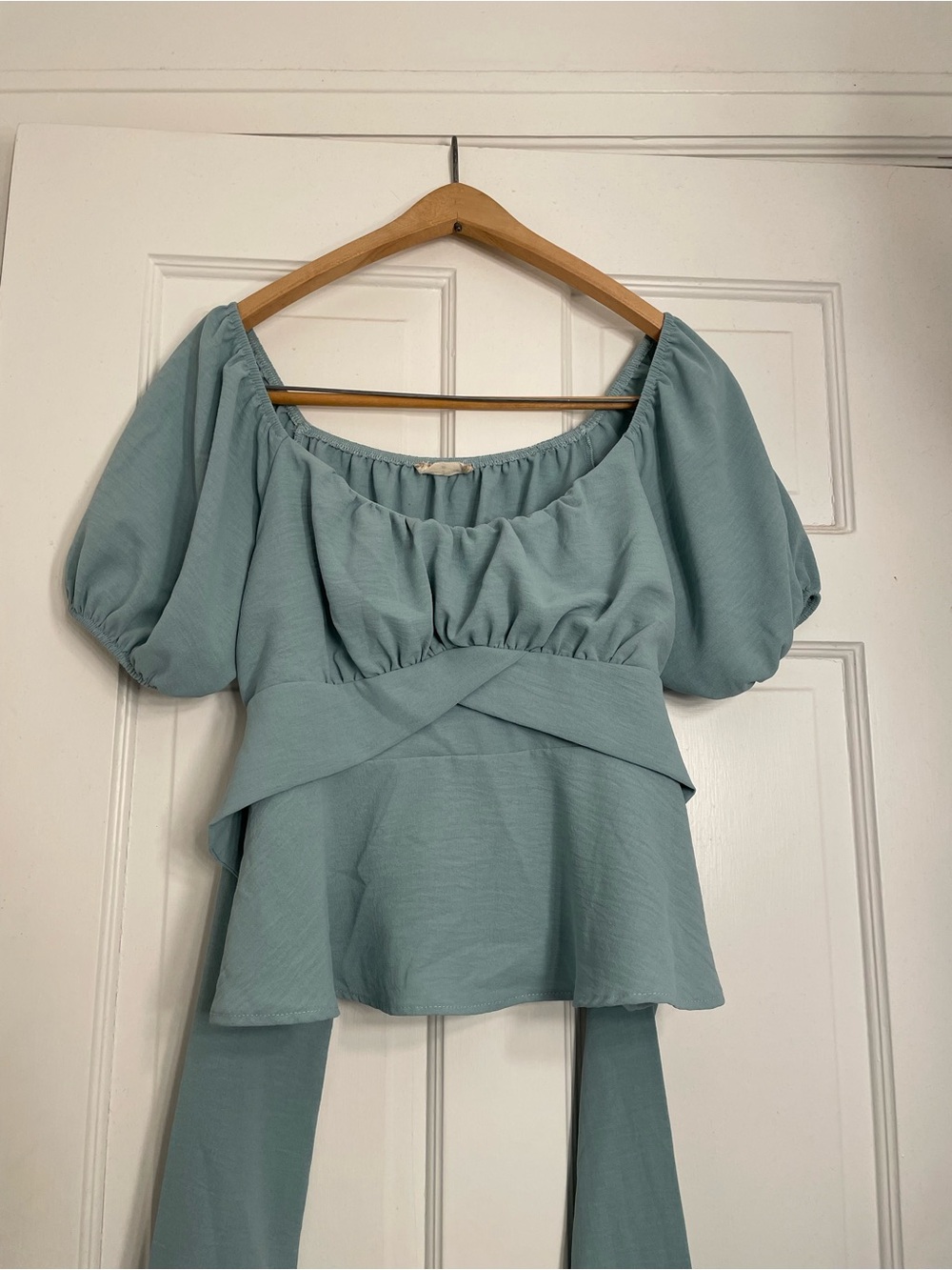 Altar'd State Dusty Blue Puff Sleeve Wrap Peplum Top